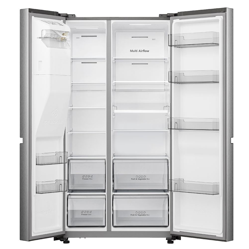 Refrigeradora Side by side | Hisense | 22.3 cu.ft. | inverter | Dispensador de agua | fabricador de hielo | 10 años de garantía en compresor y 3 años de garantía en mano de obra y piezas | Gris