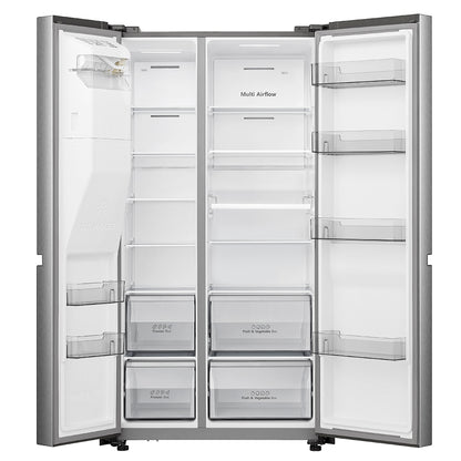 Refrigeradora Side by side | Hisense | 22.3 cu.ft. | inverter | Dispensador de agua | fabricador de hielo | 10 años de garantía en compresor y 3 años de garantía en mano de obra y piezas | Gris