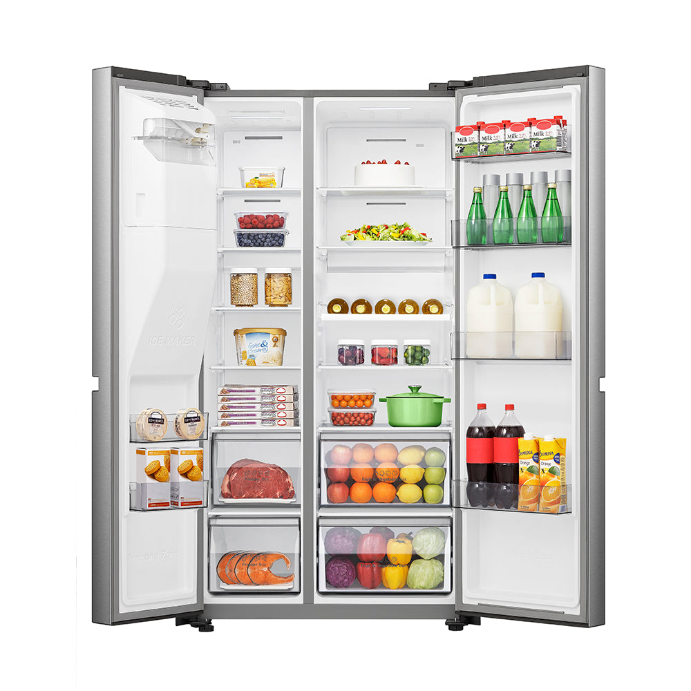 Refrigeradora Side by side | Hisense | 22.3 cu.ft. | inverter | Dispensador de agua | fabricador de hielo | 10 años de garantía en compresor y 3 años de garantía en mano de obra y piezas | Gris