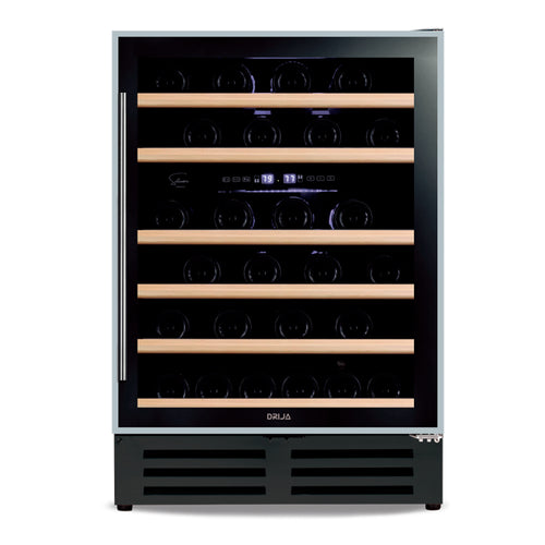 Vinera empotrable Drija | 46 botellas | Doble zona de enfriamiento | Acero inoxidable | Estantes de madera