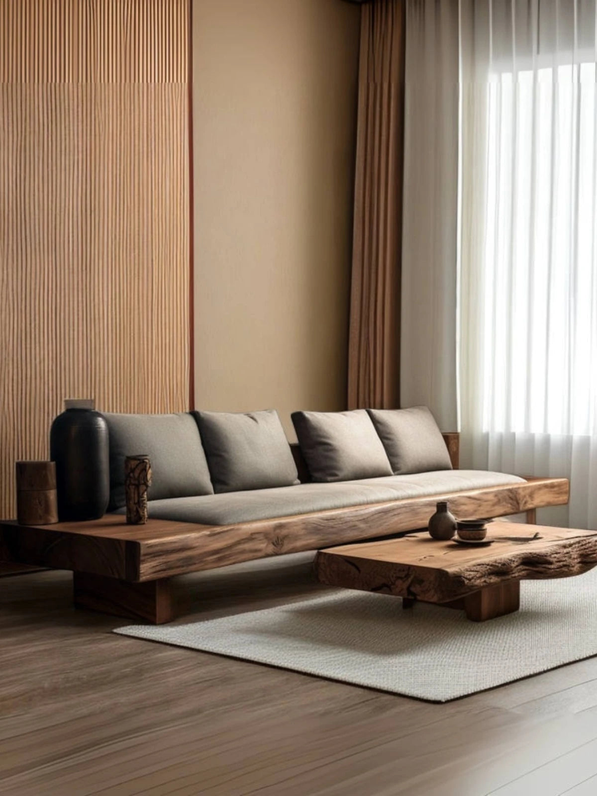 Sillón cuero base flotante en madera